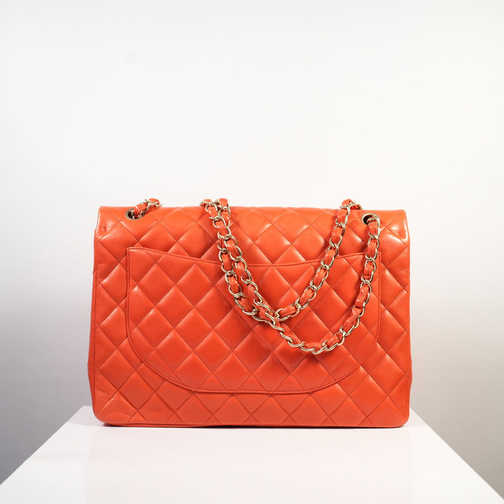 Chanel Orange Quilted Lambskin Leather Classic Maxi Single Flap Bag