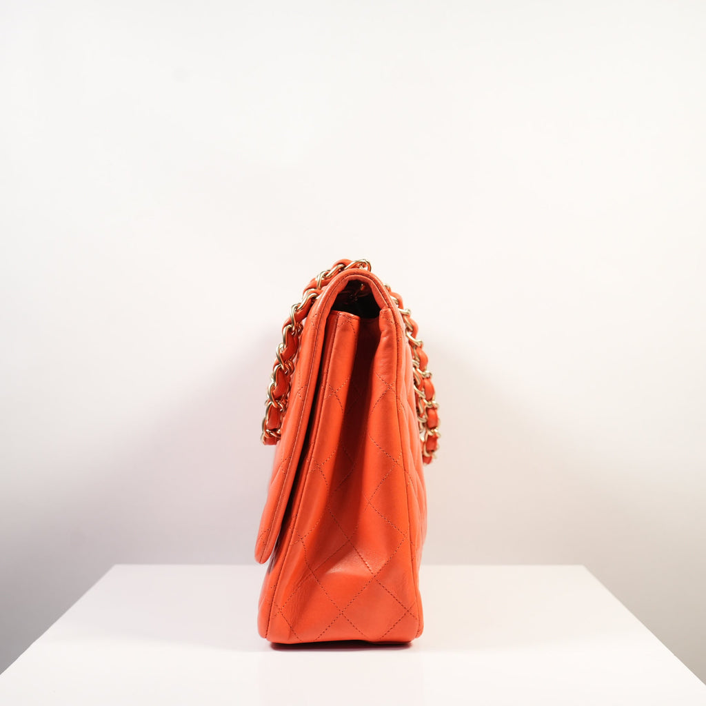 Chanel Orange Quilted Lambskin Leather Classic Maxi Single Flap Bag