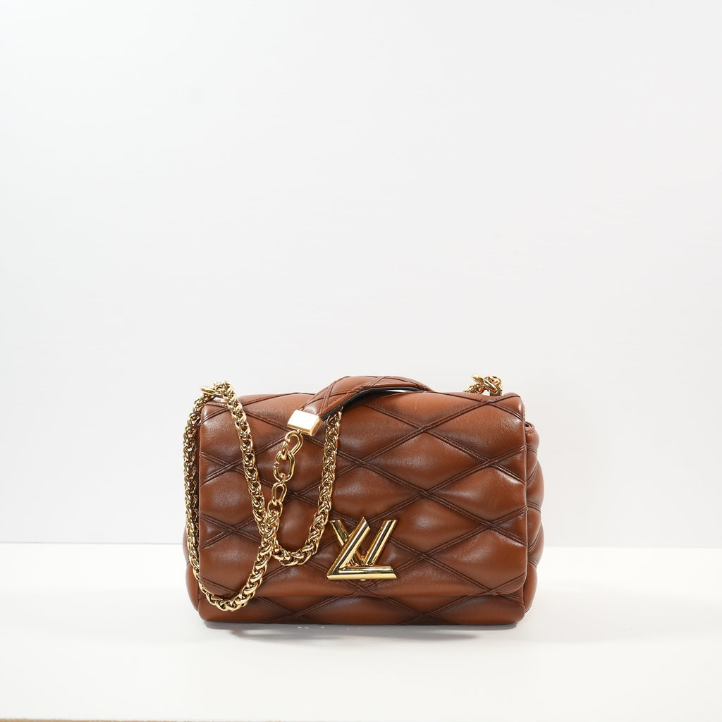 Louis Vuitton GO-14 MM Malletage Brown Leather Bag Twist Lock (Full Set)
