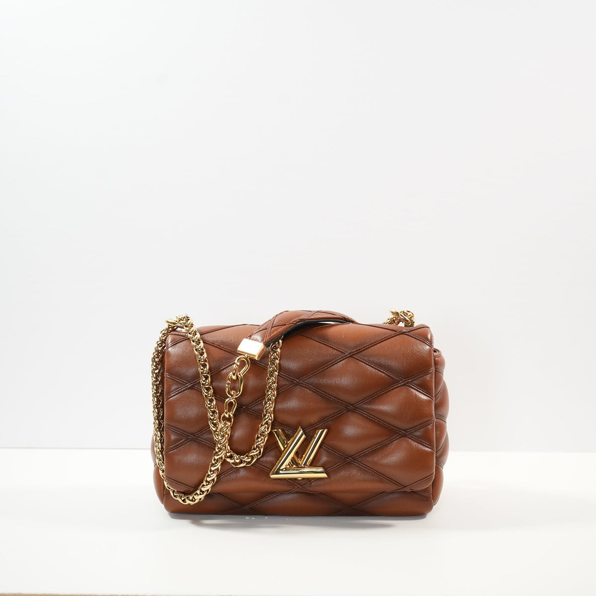 Louis Vuitton GO-14 MM Malletage Brown Leather Bag Twist Lock (Full Set)