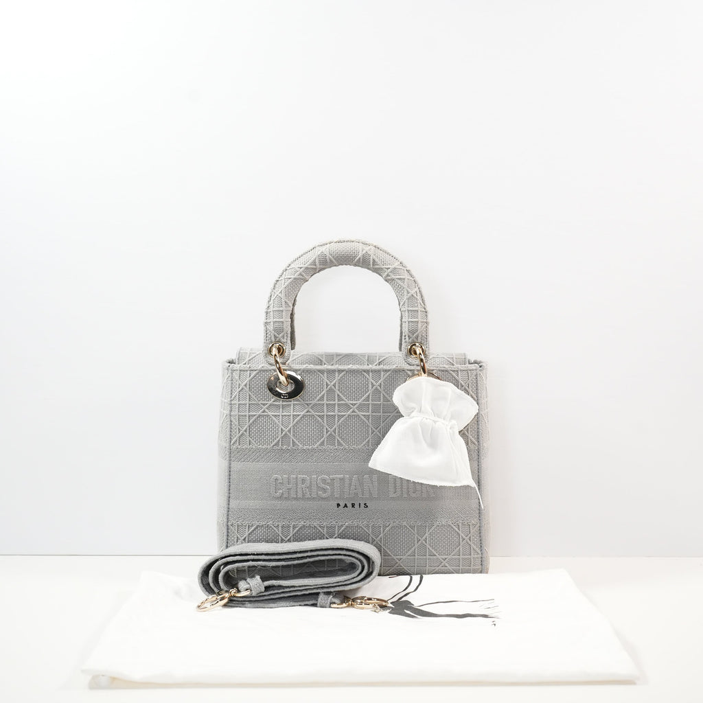 Christian Dior Grey Lady Dior Embroidered Canvas w/ Dust Bag