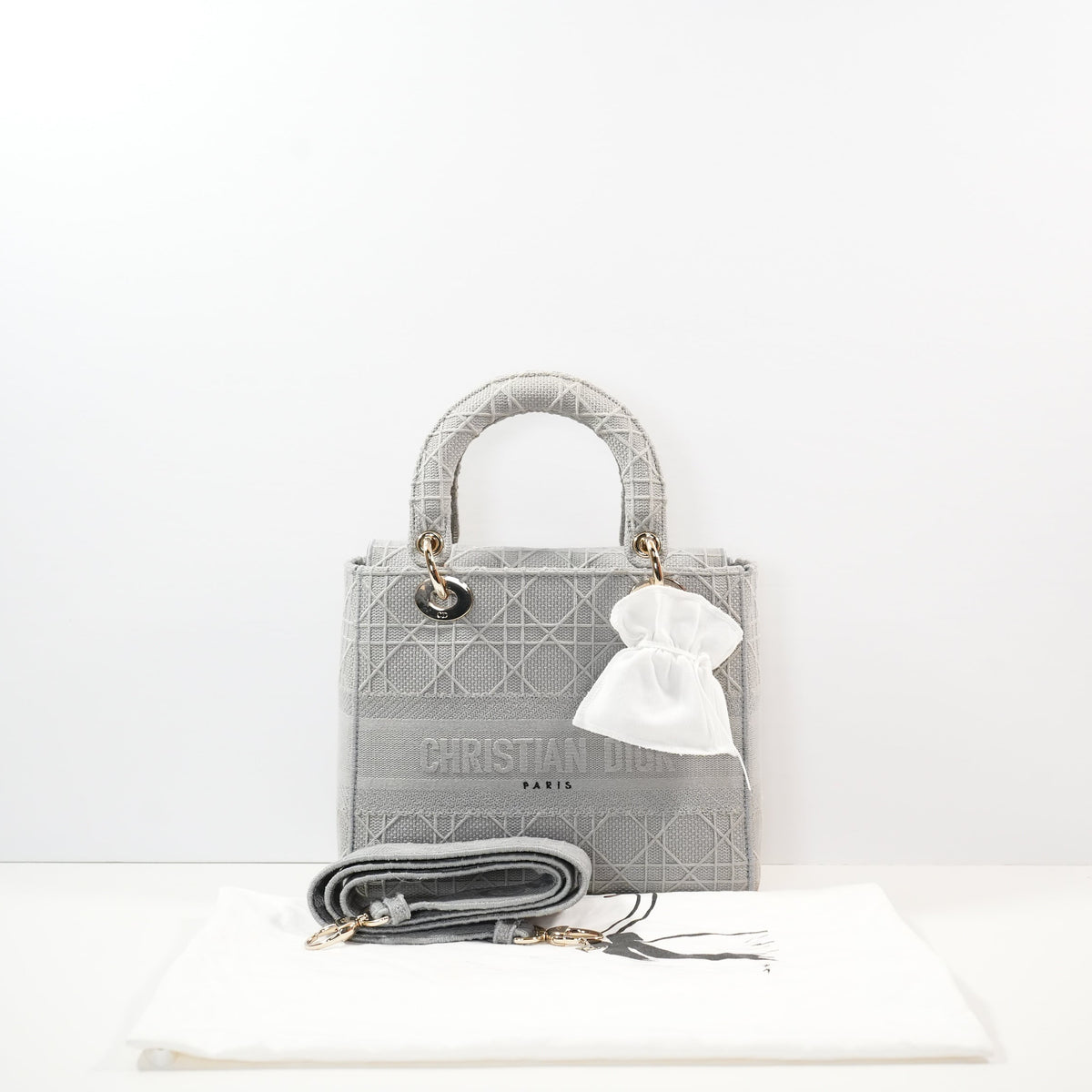 Christian Dior Grey Lady Dior Embroidered Canvas w/ Dust Bag