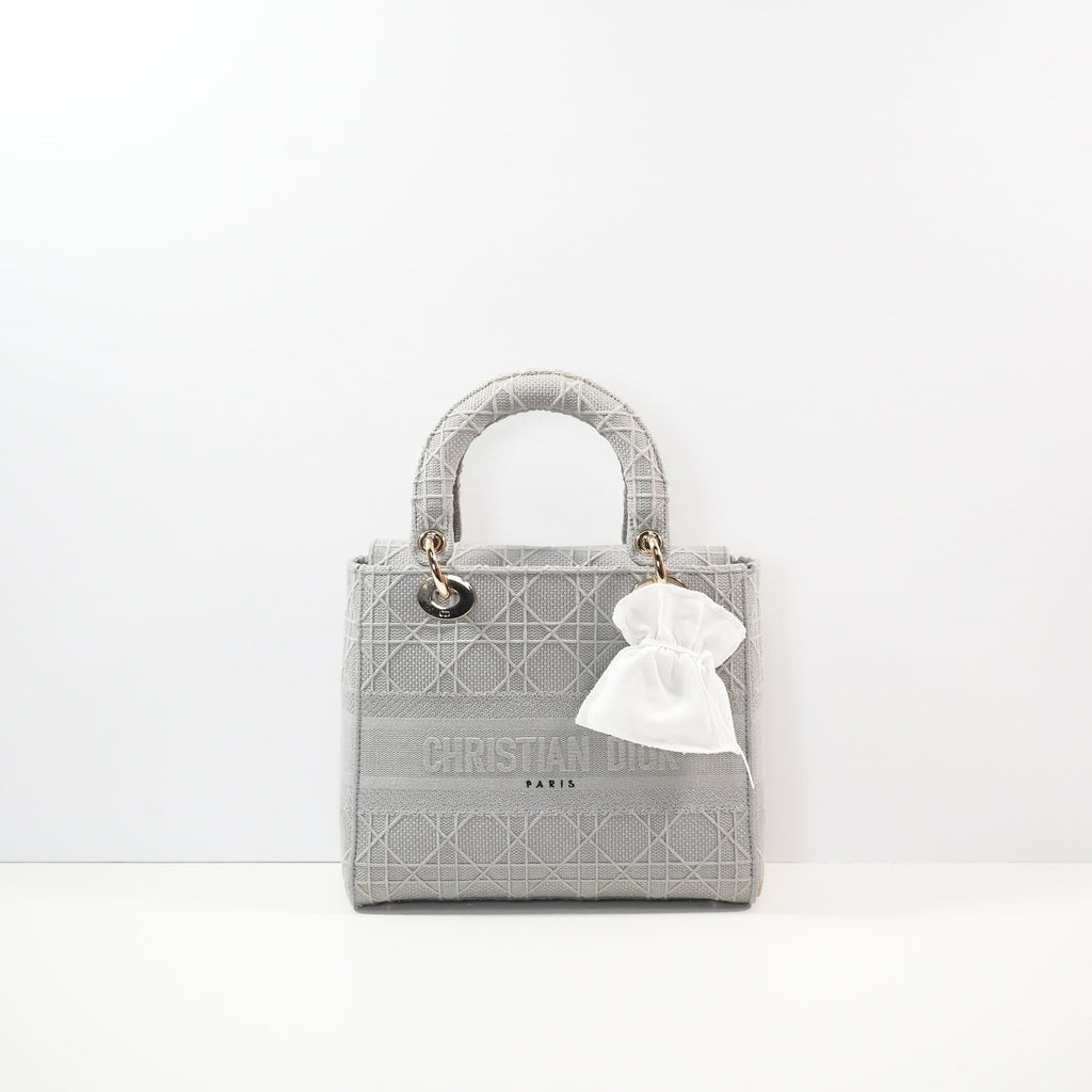 Christian Dior Grey Lady Dior Embroidered Canvas w/ Dust Bag