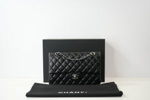 Chanel Double Flap Bag (Med)(Full Set) in black quilted lambskin with silver hardware