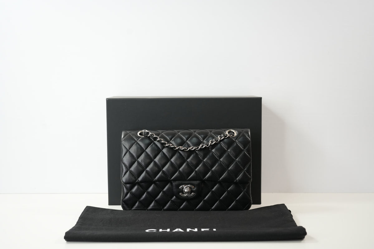 Chanel Double Flap Bag (Med)(Full Set) in black quilted lambskin with silver hardware