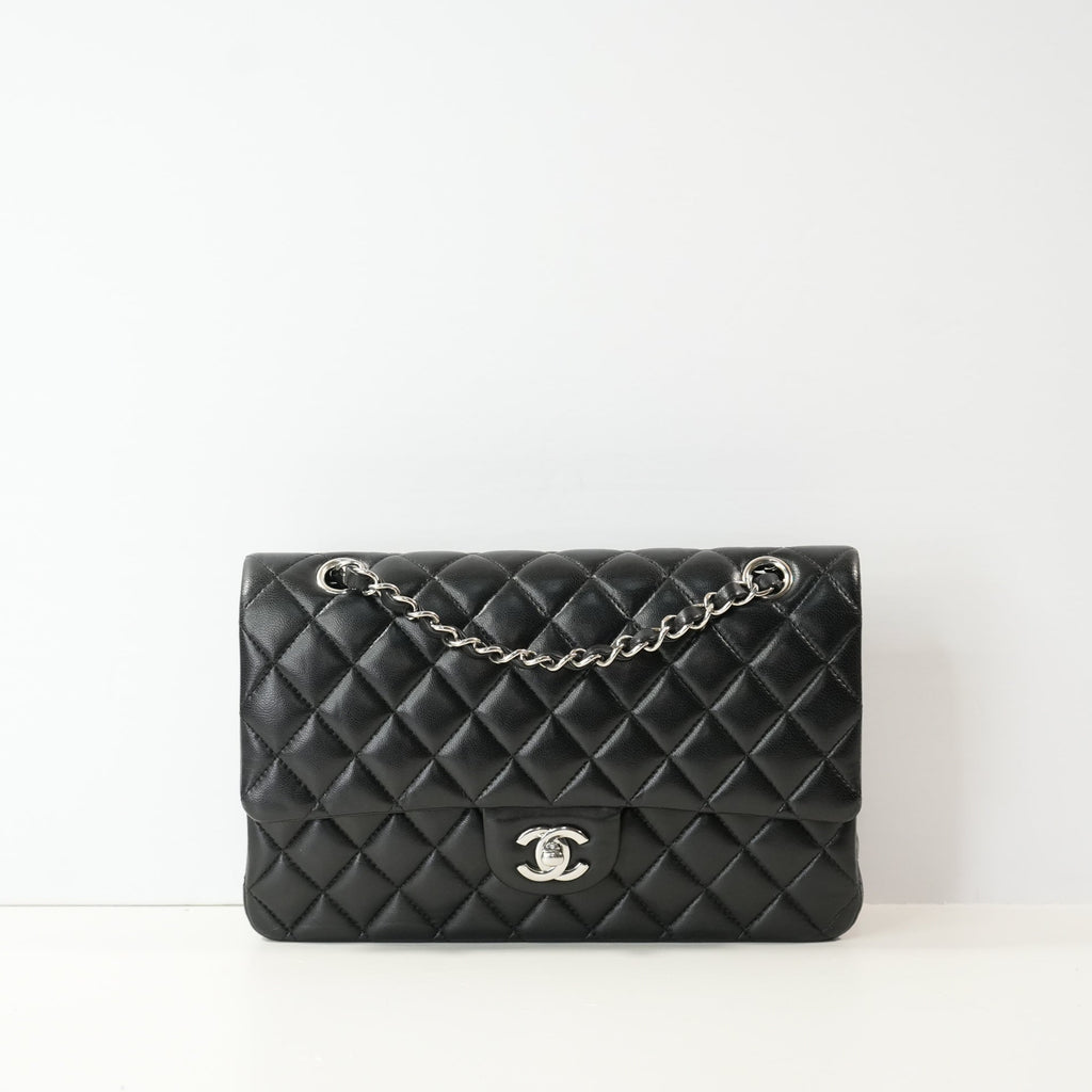 Chanel Double Flap Bag (Med)(Full Set) in black quilted lambskin with silver hardware