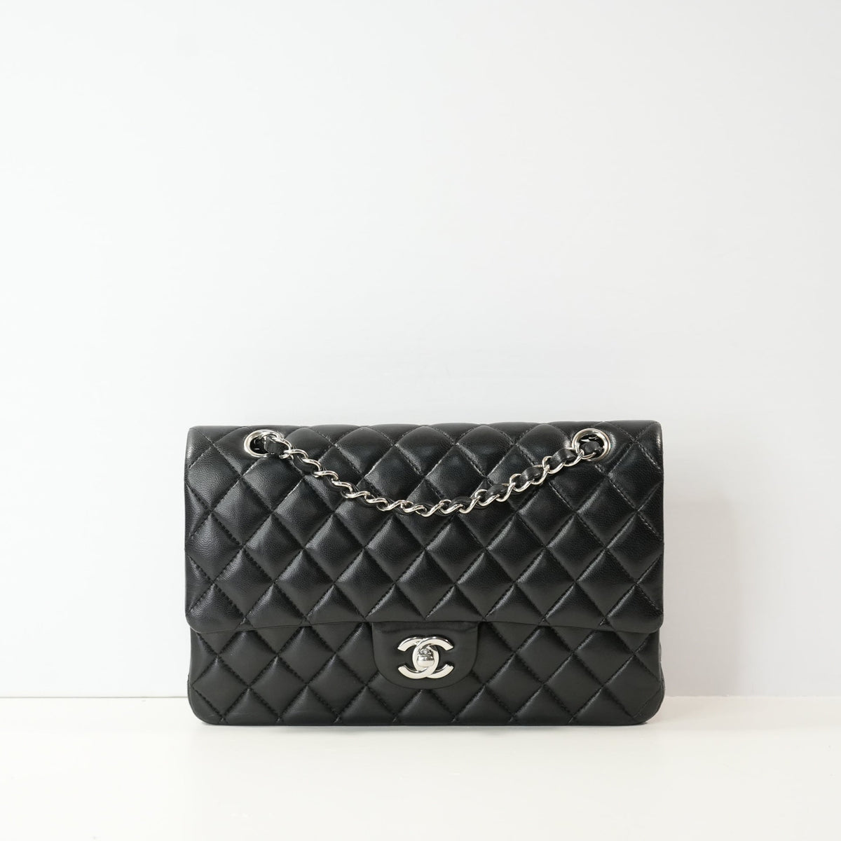 Chanel Double Flap Bag (Med)(Full Set) in black quilted lambskin with silver hardware