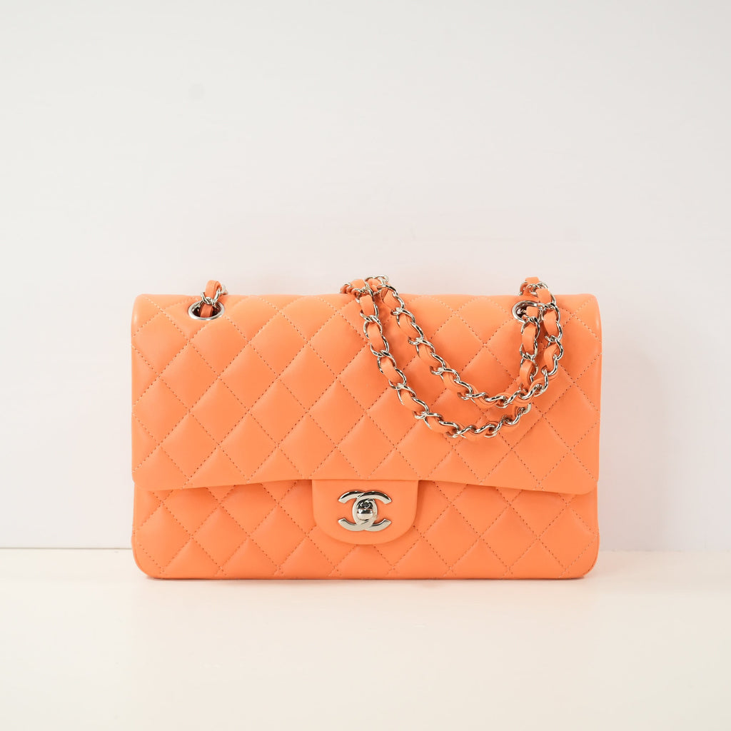 Chanel Quilted Lambskin Classic Double Flap In Vibrant Orange (M)