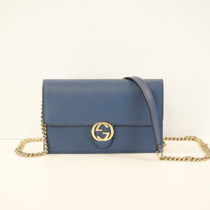 Gucci Dollar Blue Calfskin Interlocking G Wallet On Chain Gold Hardware