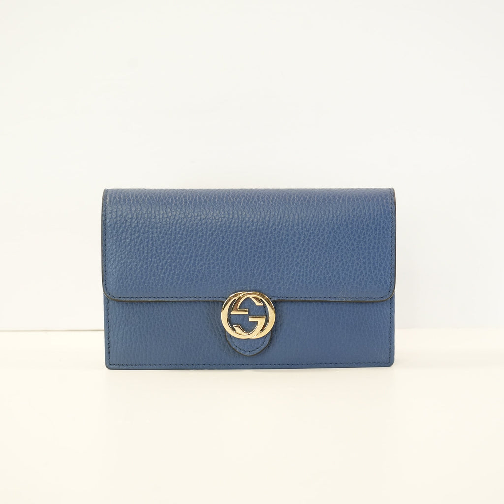 Gucci Dollar Blue Calfskin Interlocking G Wallet On Chain Gold Hardware