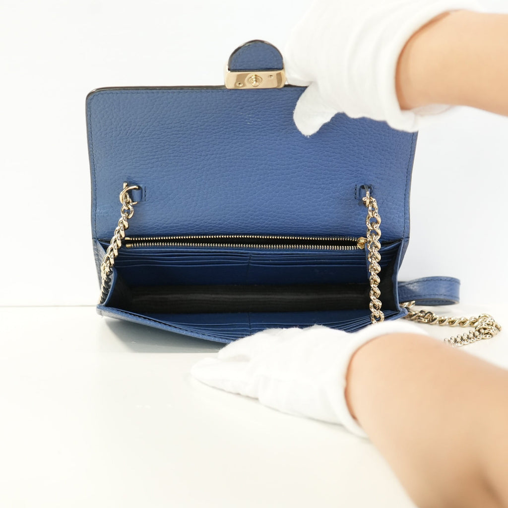 Gucci Dollar Blue Calfskin Interlocking G Wallet On Chain Gold Hardware