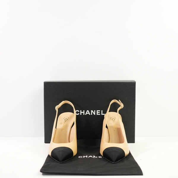 Chanel Goatskin Grosgrain Pointed Cap Toe CC, 40 Full Set