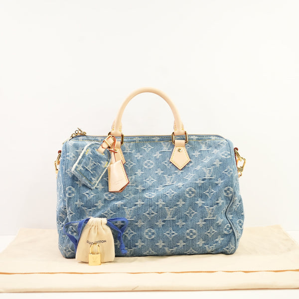 Louis Vuitton Monogram Denim Speedy Soft 30 W/Lock, Strap & Dustbag