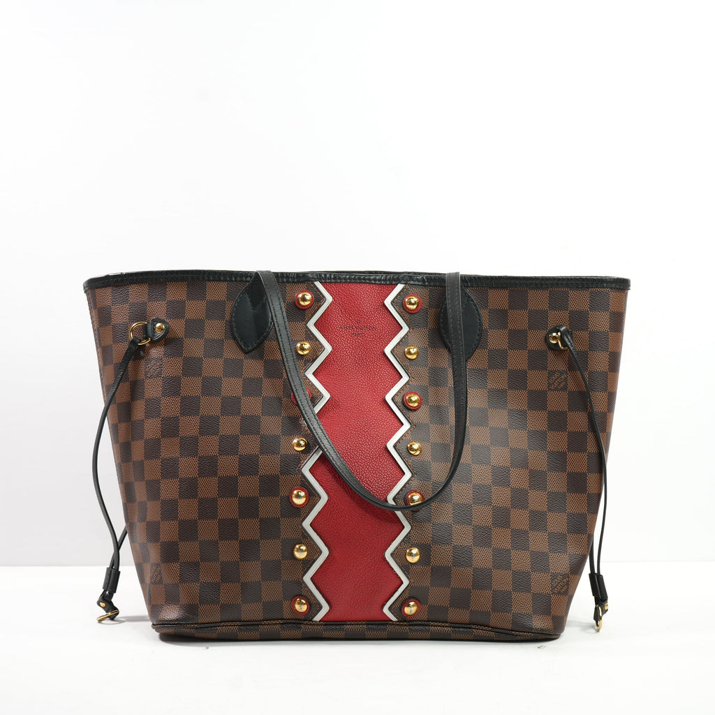 Louis Vuitton Damier Ebene Karakoram Neverfull MM with a Striking Red-and-White Zigzig