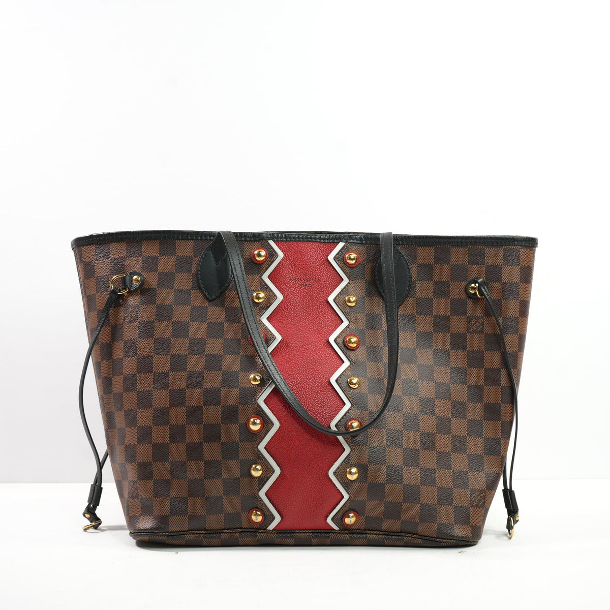 Louis Vuitton Damier Ebene Karakoram Neverfull MM with a Striking Red-and-White Zigzig
