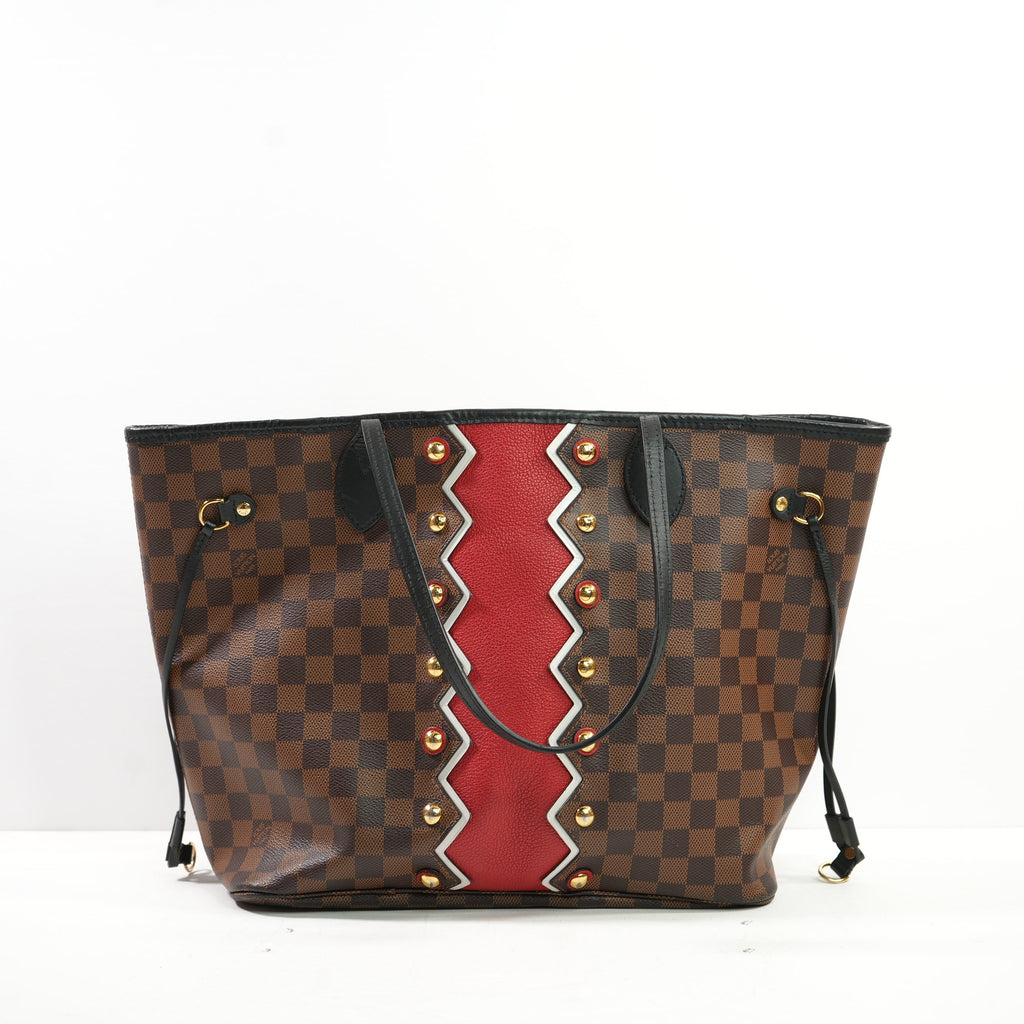Louis Vuitton Damier Ebene Karakoram Neverfull MM with a Striking Red-and-White Zigzig