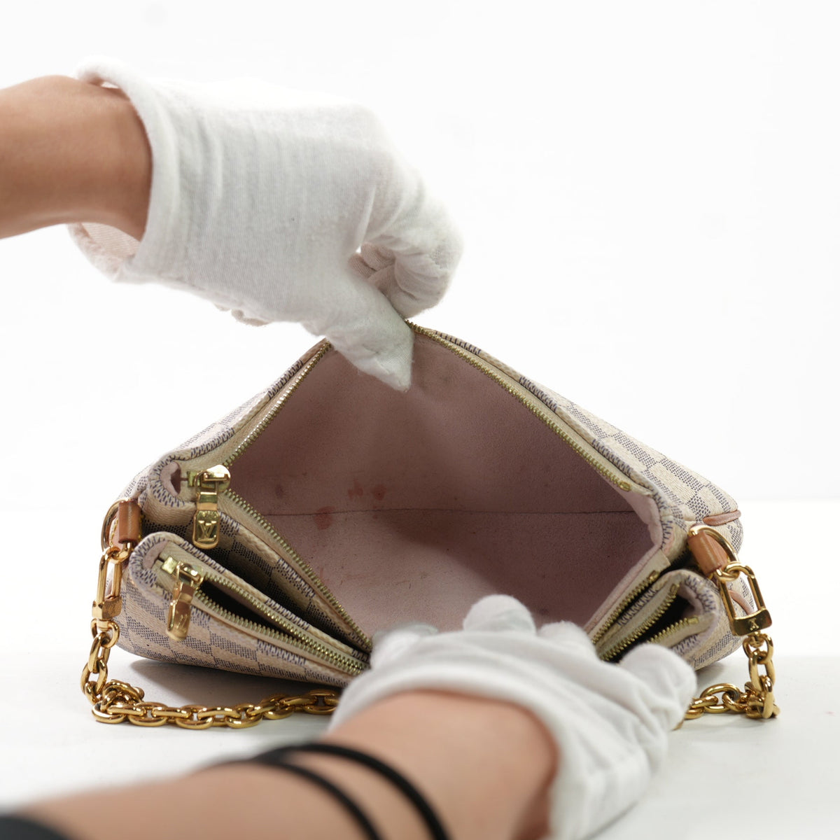 Louis Vuitton Small Damier Azur Pochette W/Gold Chain Strap
