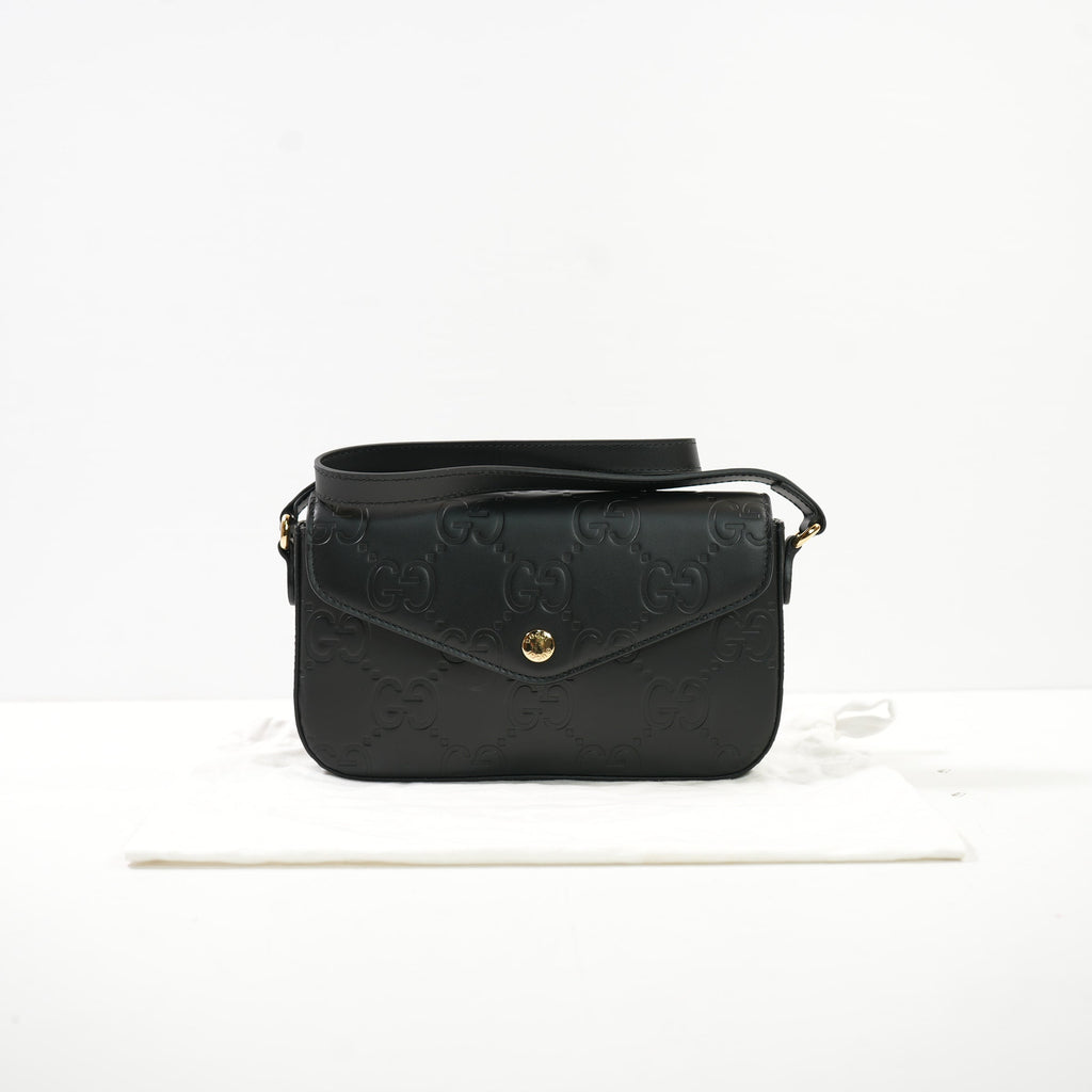 Gucci Black GG Emboseed Leather Super Mini Pochette Crossbody Bag Full Set