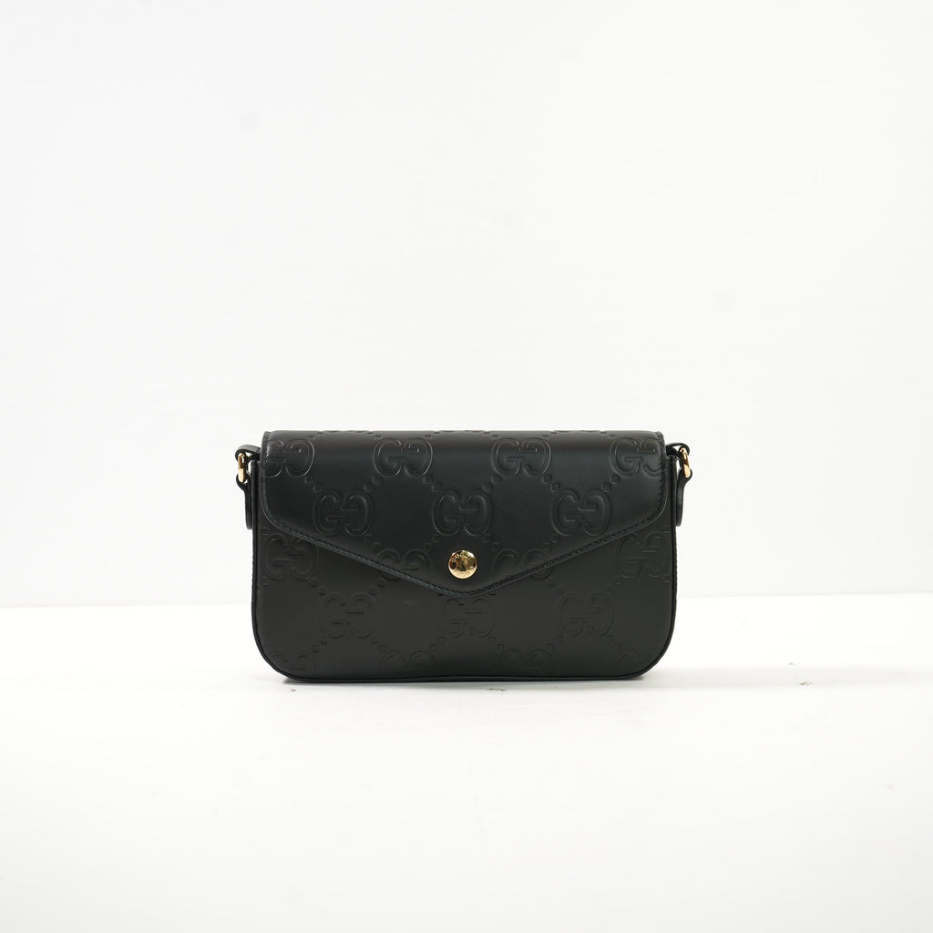 Gucci Black GG Emboseed Leather Super Mini Pochette Crossbody Bag Full Set
