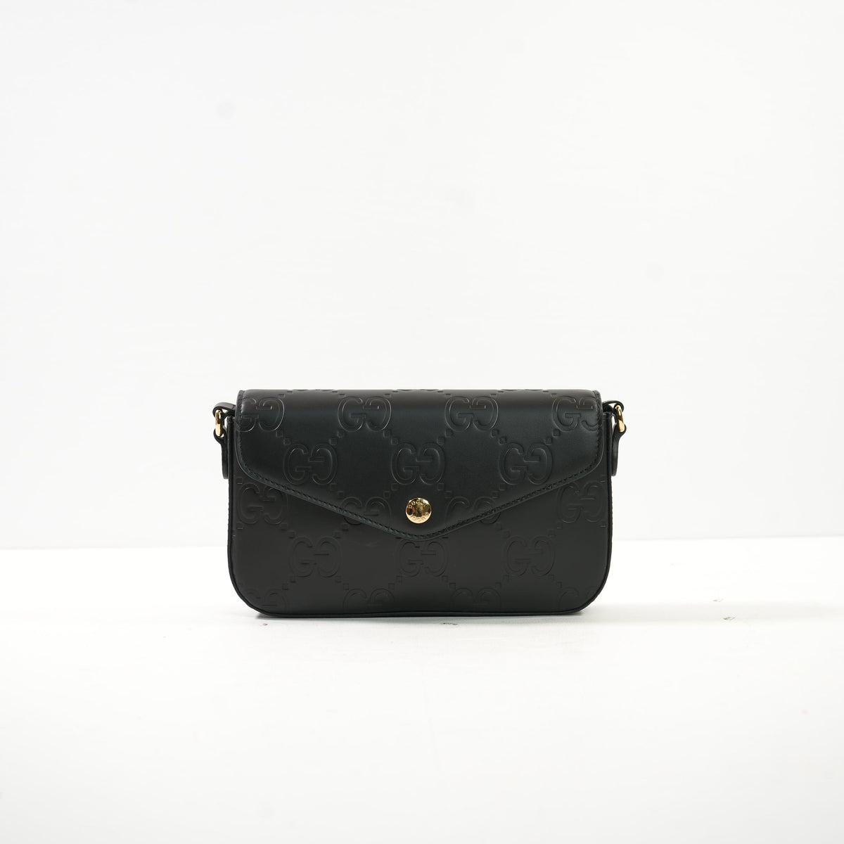 Gucci Black GG Emboseed Leather Super Mini Pochette Crossbody Bag Full Set