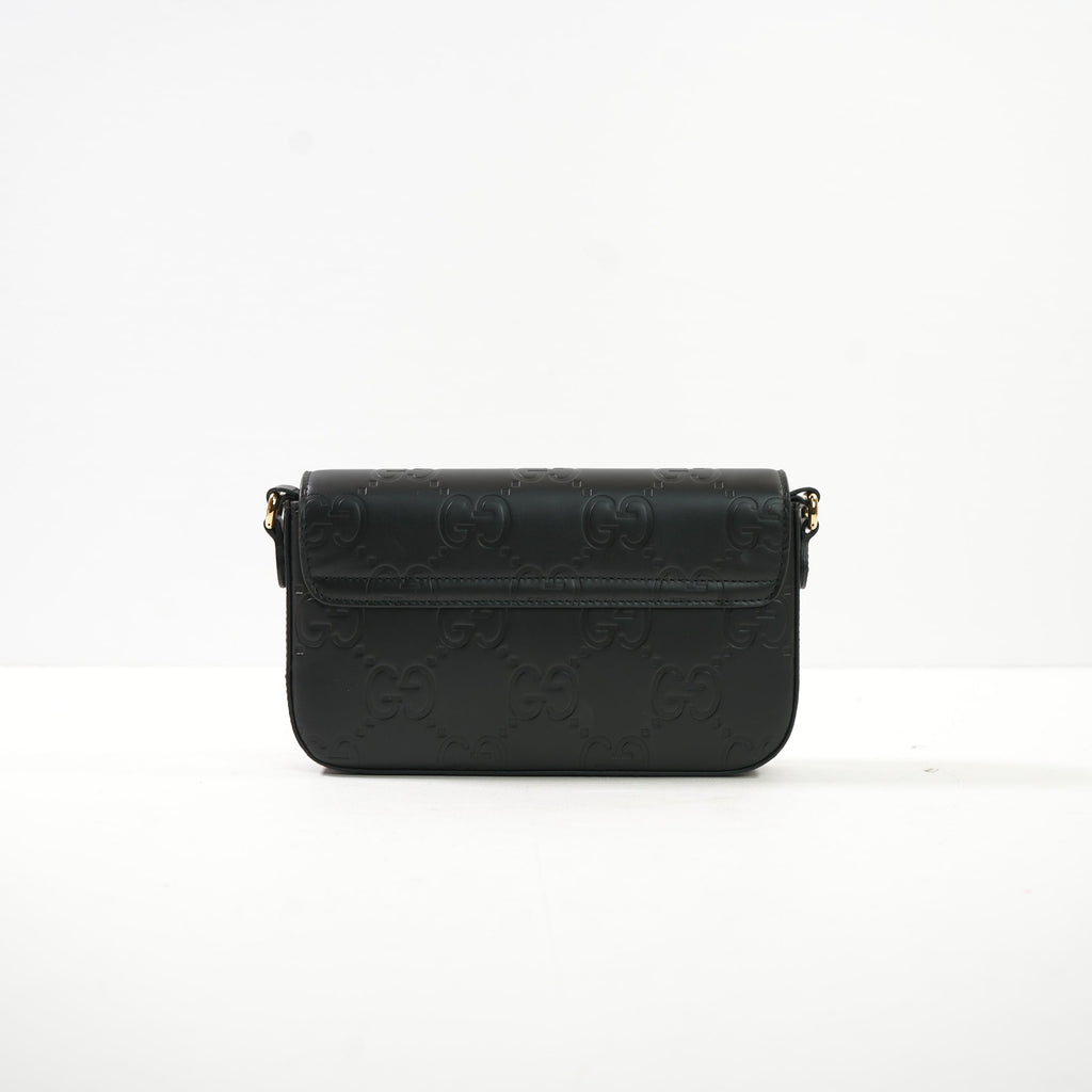 Gucci Black GG Emboseed Leather Super Mini Pochette Crossbody Bag Full Set