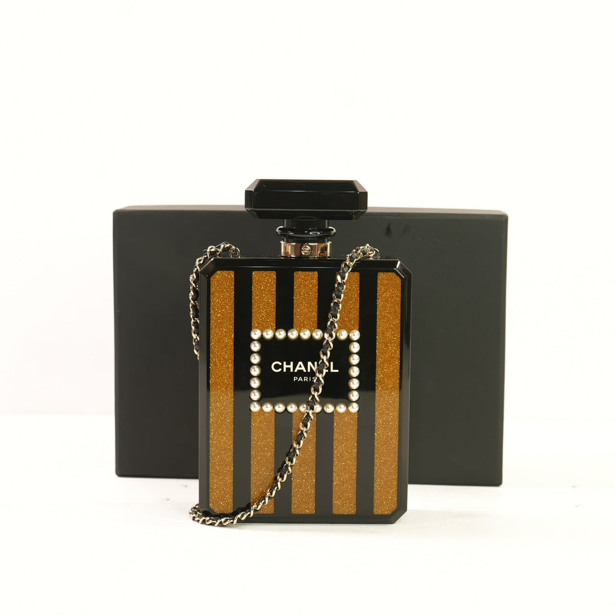 Chanel Glitter Plexiglass Perfume Bottle Minaudiere in Black/Gold Colorway, Full Set