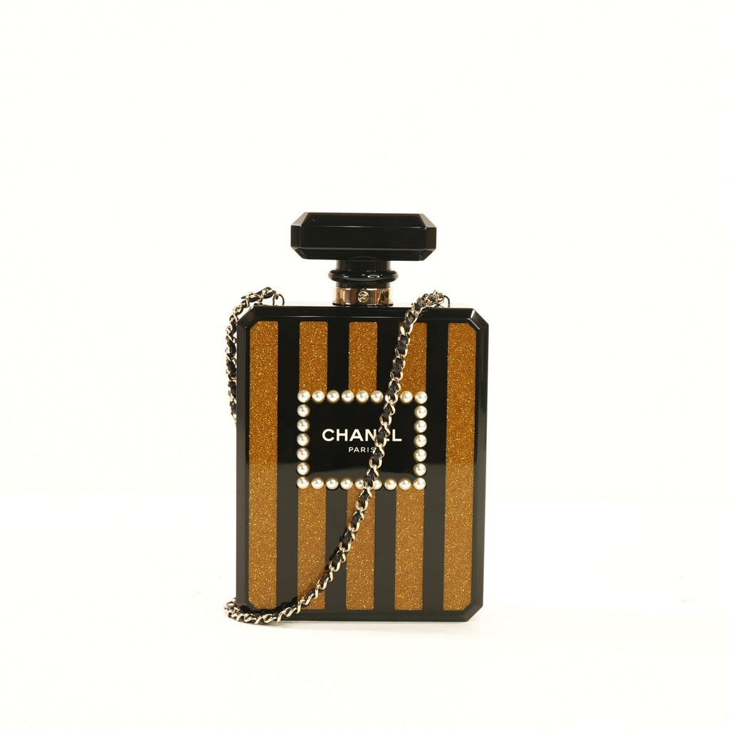 Chanel Glitter Plexiglass Perfume Bottle Minaudiere in Black/Gold Colorway, Full Set