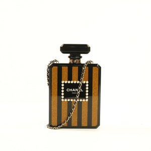 Chanel Glitter Plexiglass Perfume Bottle Minaudiere in Black/Gold Colorway, Full Set
