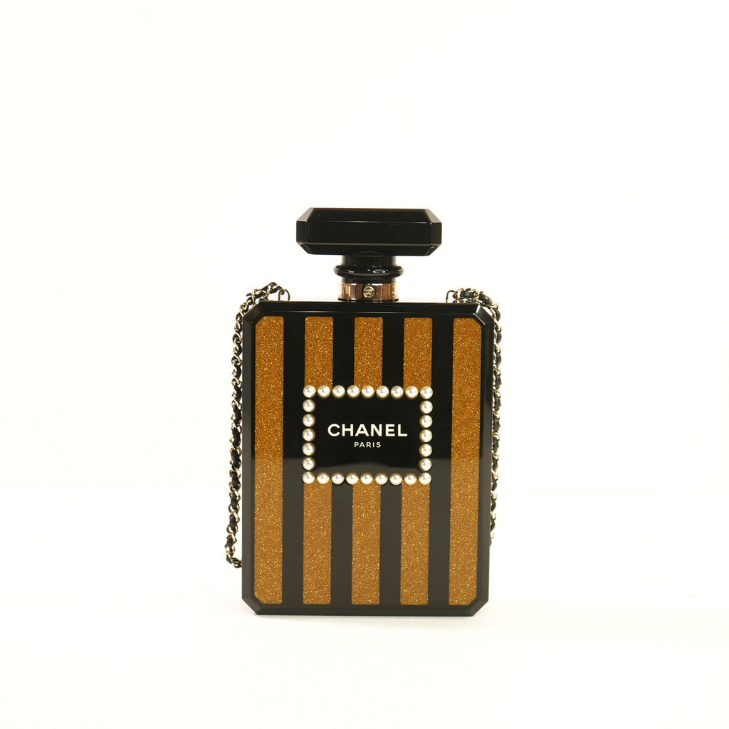 Chanel Glitter Plexiglass Perfume Bottle Minaudiere in Black/Gold Colorway, Full Set