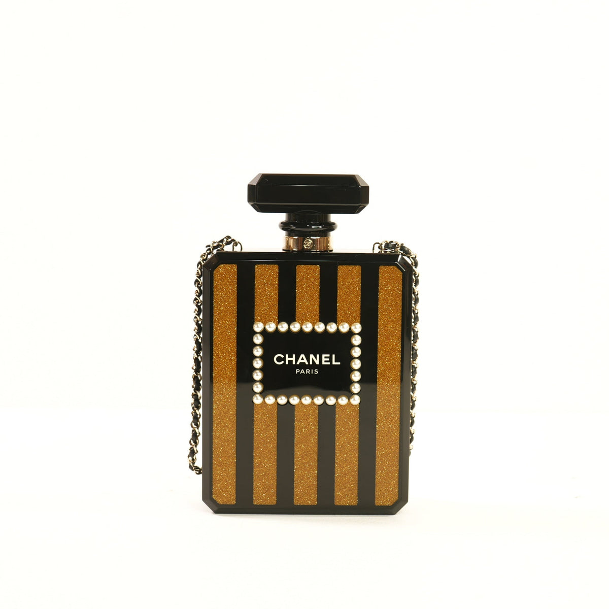 Chanel Glitter Plexiglass Perfume Bottle Minaudiere in Black/Gold Colorway, Full Set