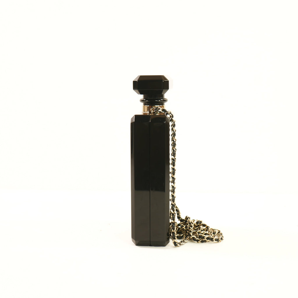 Chanel Glitter Plexiglass Perfume Bottle Minaudiere in Black/Gold Colorway, Full Set