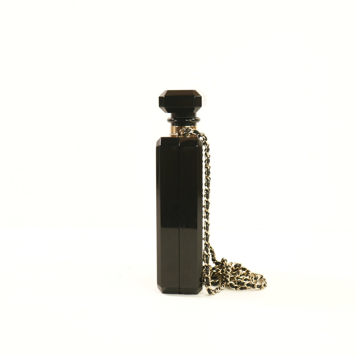 Chanel Glitter Plexiglass Perfume Bottle Minaudiere in Black/Gold Colorway, Full Set