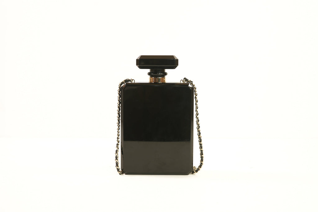 Chanel Glitter Plexiglass Perfume Bottle Minaudiere in Black/Gold Colorway, Full Set