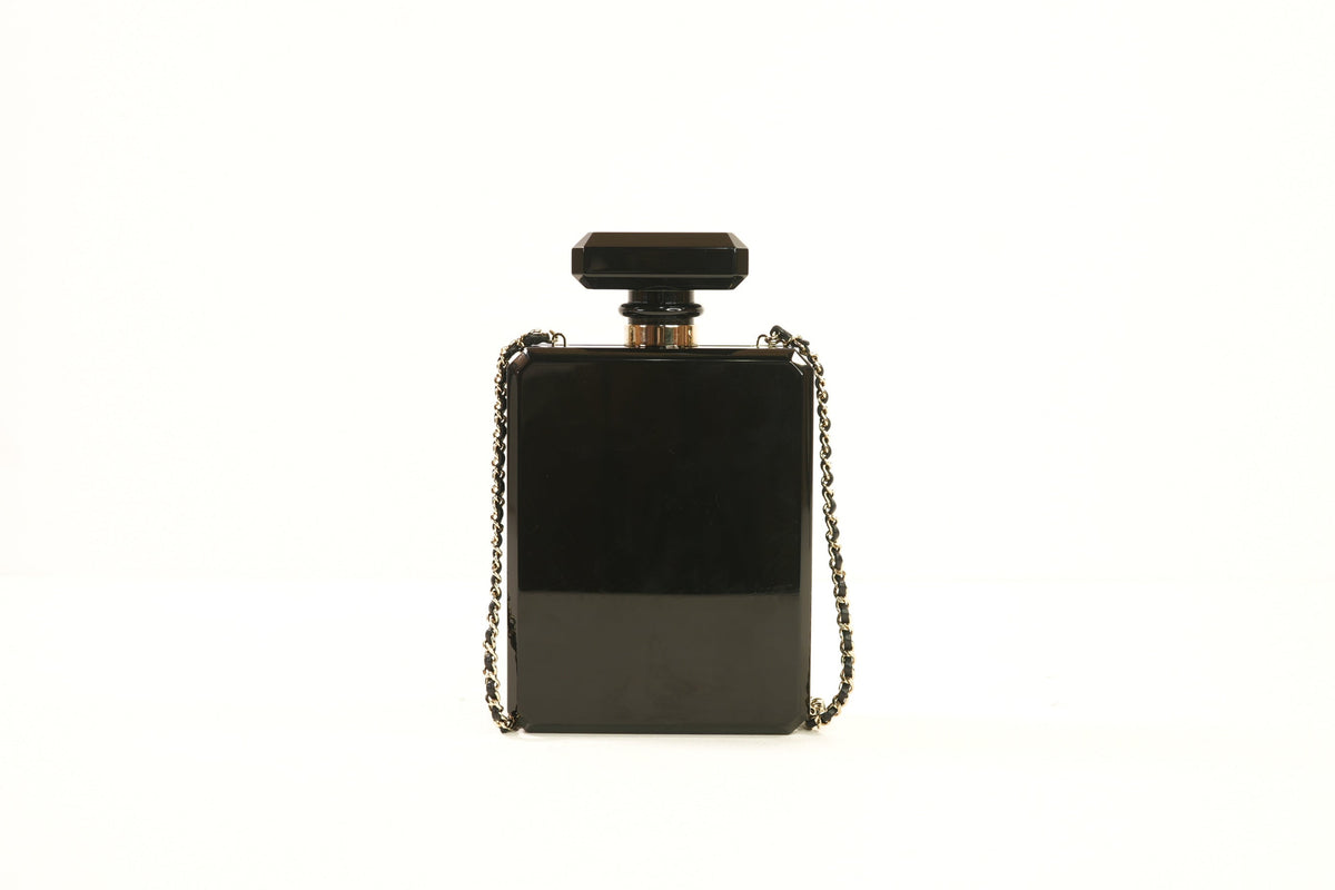 Chanel Glitter Plexiglass Perfume Bottle Minaudiere in Black/Gold Colorway, Full Set