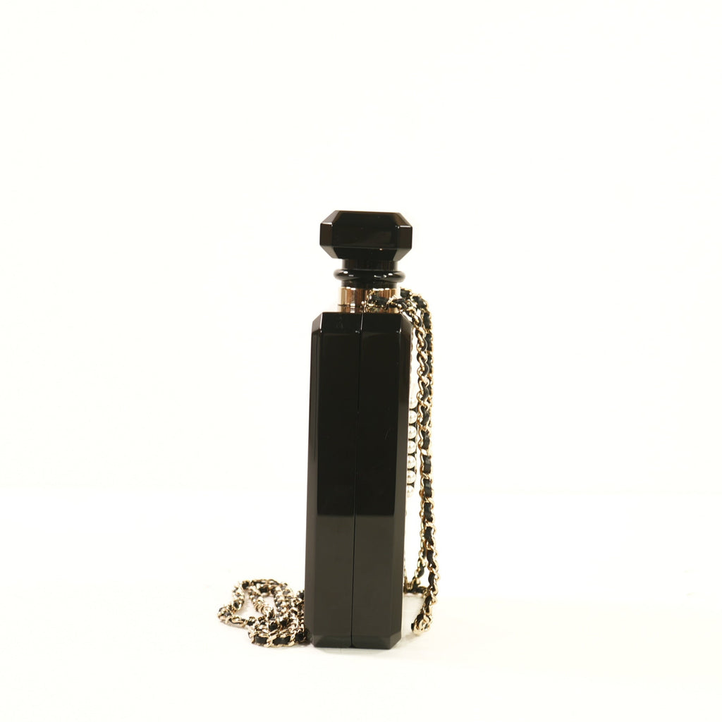 Chanel Glitter Plexiglass Perfume Bottle Minaudiere in Black/Gold Colorway, Full Set