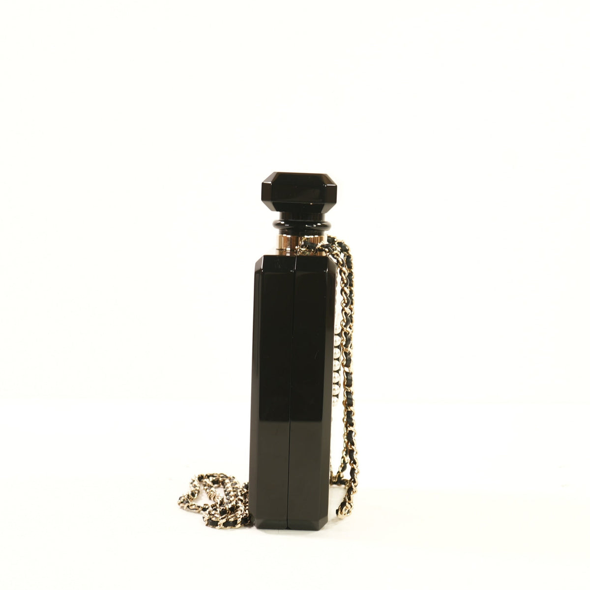 Chanel Glitter Plexiglass Perfume Bottle Minaudiere in Black/Gold Colorway, Full Set
