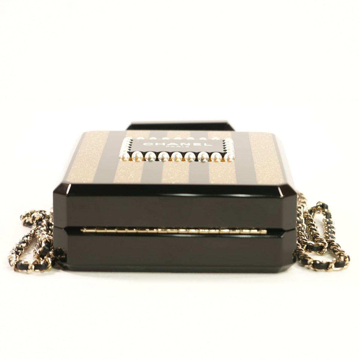 Chanel Glitter Plexiglass Perfume Bottle Minaudiere in Black/Gold Colorway, Full Set