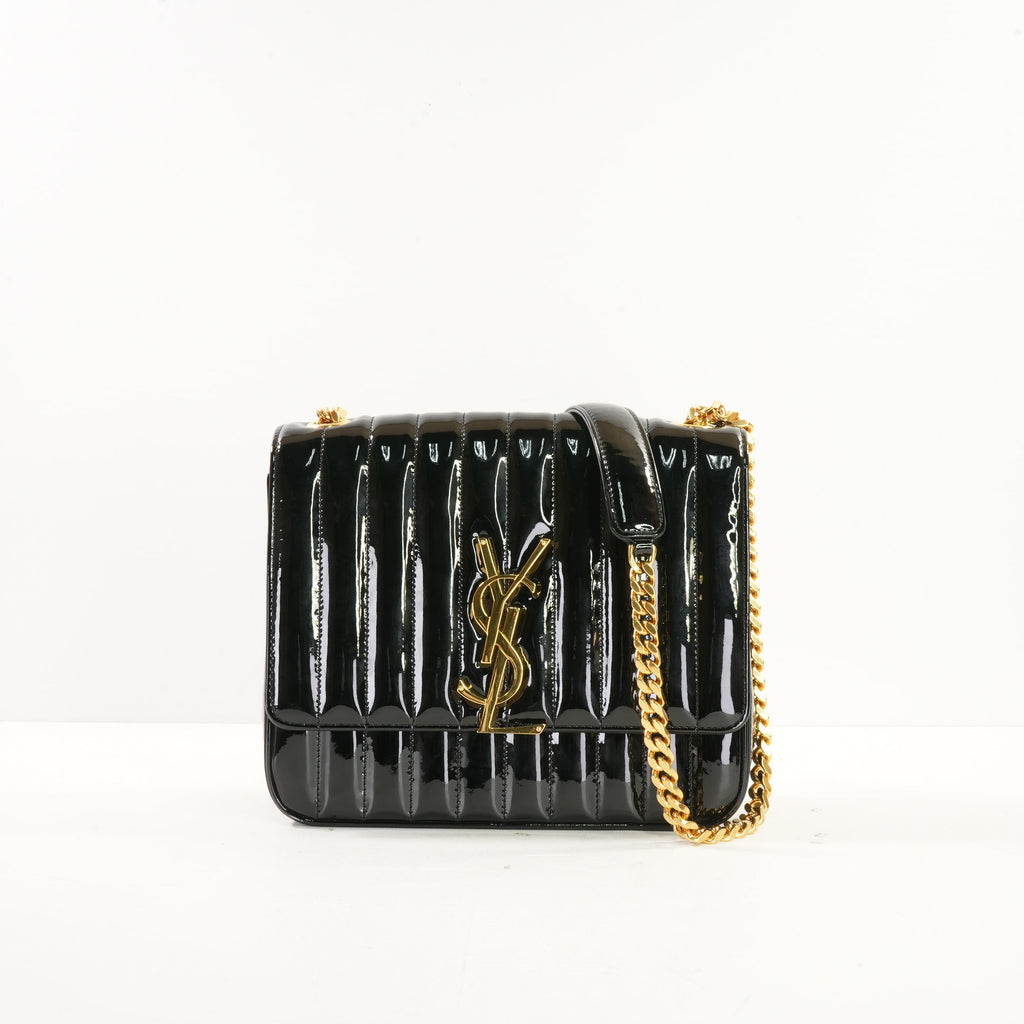 Saint Laurent Black Patent Matelasse Vicky Chain Bag Gold Hardware