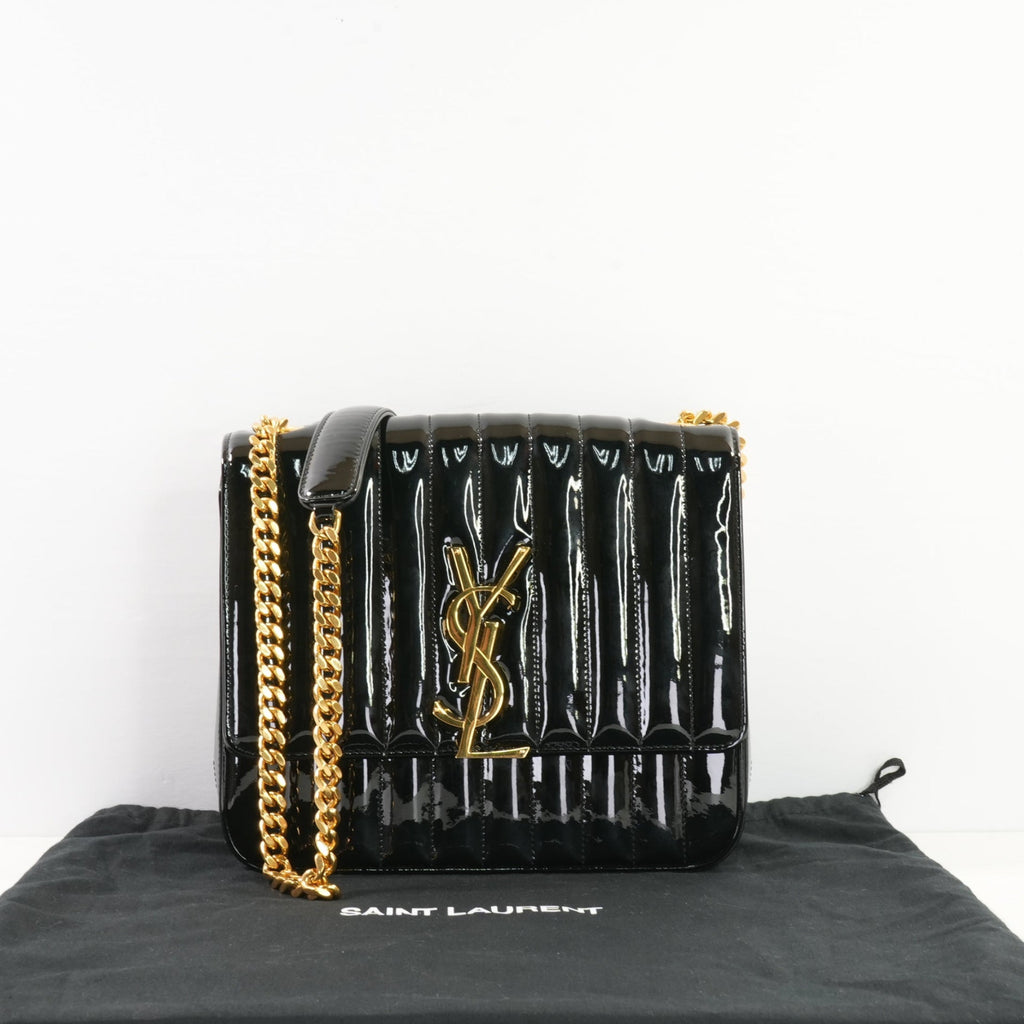Saint Laurent Black Patent Matelasse Vicky Chain Bag Gold Hardware
