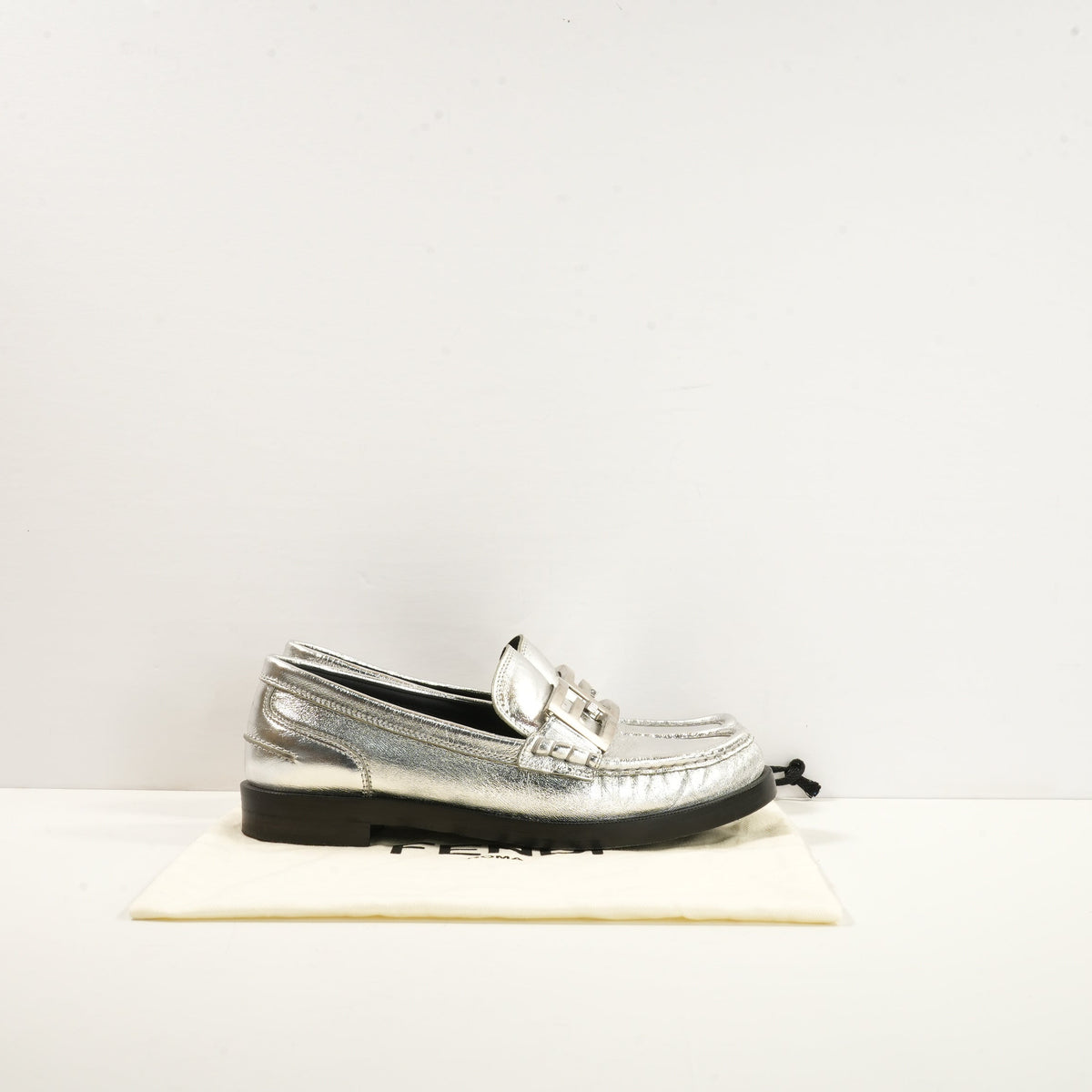 Fendi Baguette Metallic Loafers in Silver (38 1/2) (Dust Bag)