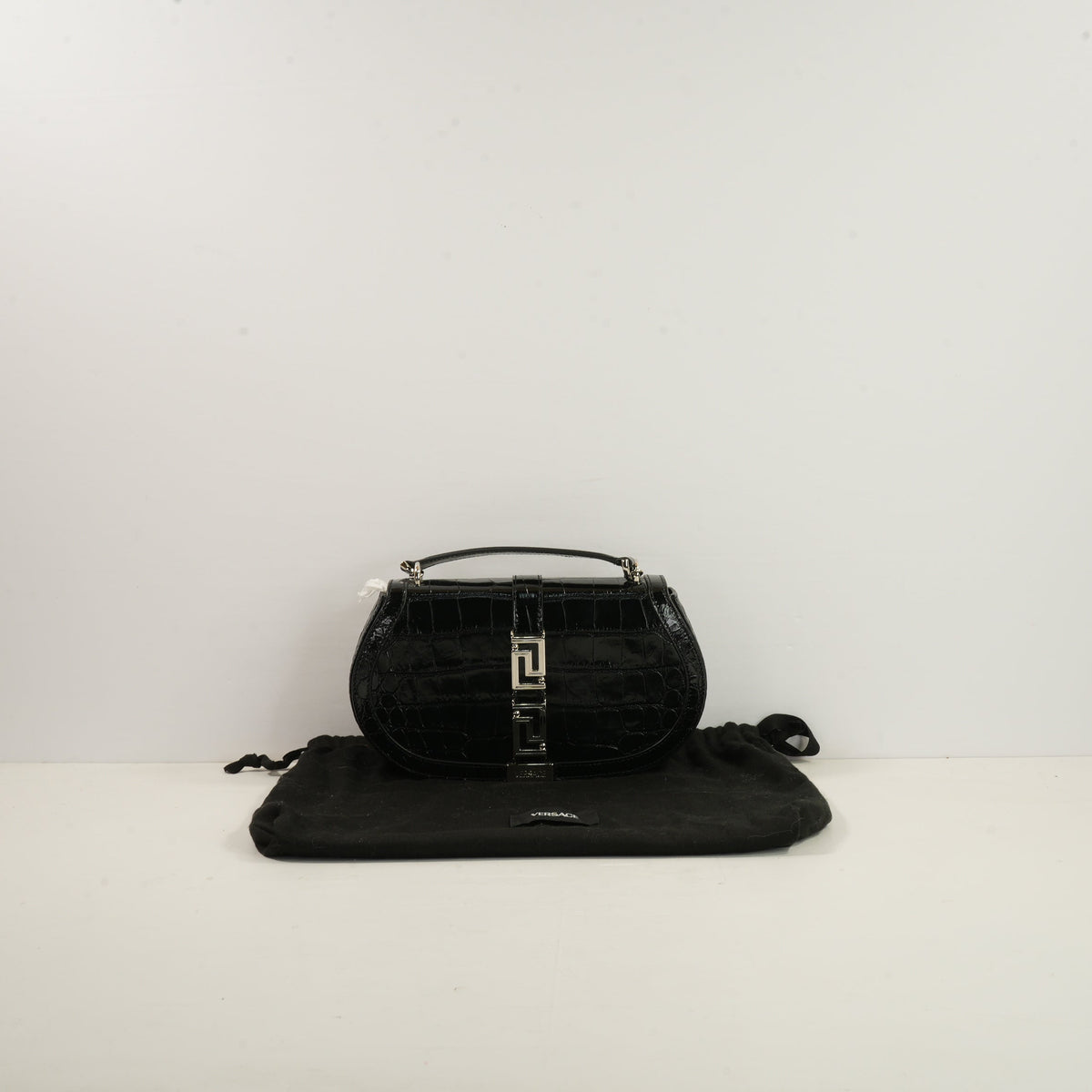 Versace Black Crocodile-Embossed Leather Greca Goddess Shoulder Bag W/Strap & Dustbag