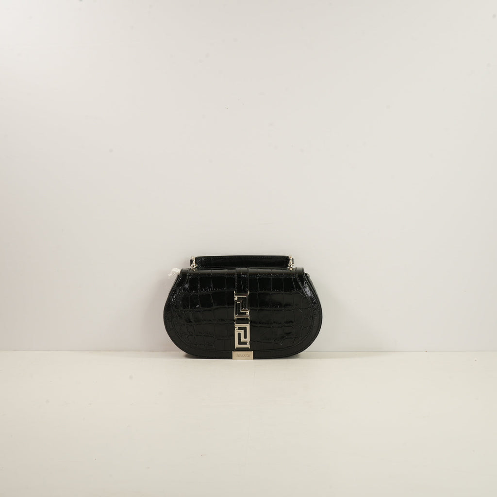 Versace Black Crocodile-Embossed Leather Greca Goddess Shoulder Bag W/Strap & Dustbag