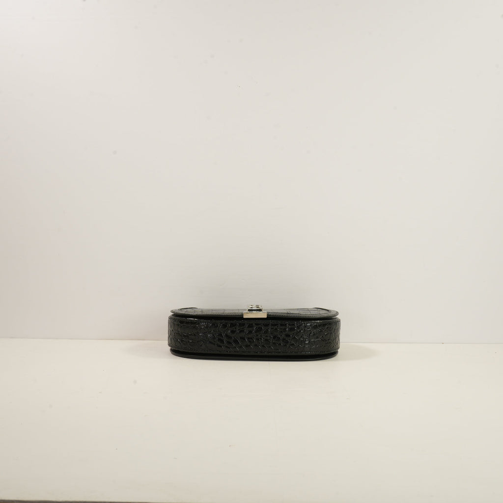 Versace Black Crocodile-Embossed Leather Greca Goddess Shoulder Bag W/Strap & Dustbag