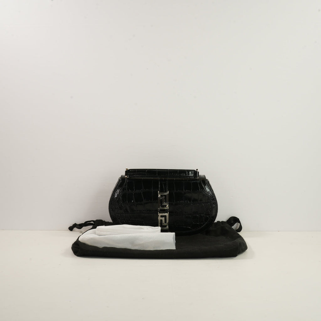 Versace Black Crocodile-Embossed Leather Greca Goddess Shoulder Bag W/Strap & Dustbag