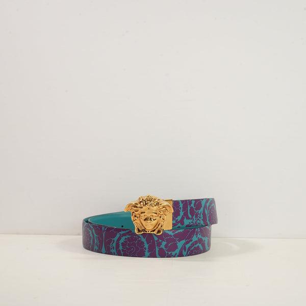 Versace Teal & Purple Barocco-Style Print W/Gold tone Medusa Head Buckelt Belt (105/42)