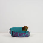 Versace Teal & Purple Barocco-Style Print W/Gold tone Medusa Head Buckelt Belt (105/42)
