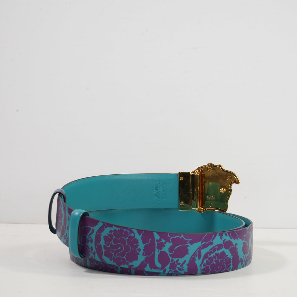 Versace Teal & Purple Barocco-Style Print W/Gold tone Medusa Head Buckelt Belt (105/42)