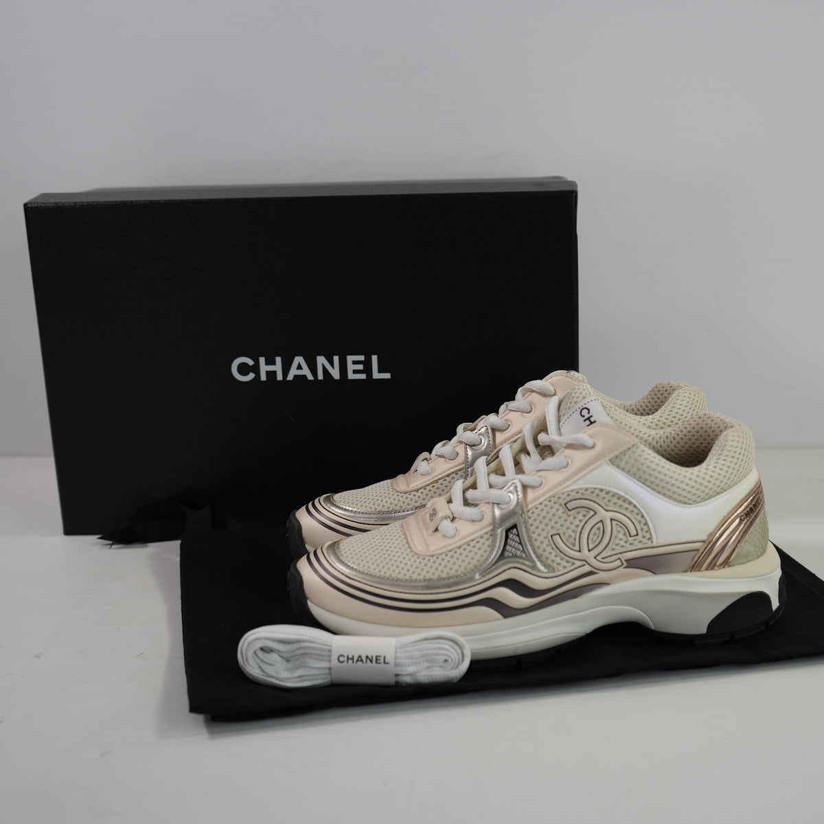 Chanel Fabric Laminated Calfskin Stretch CC Sneakers Runner 36 1/2 Full Set