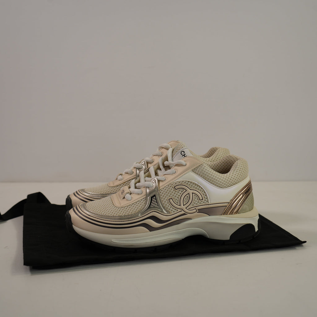Chanel Fabric Laminated Calfskin Stretch CC Sneakers Runner 36 1/2 Full Set