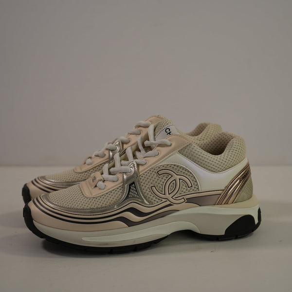 Chanel Fabric Laminated Calfskin Stretch CC Sneakers Runner 36 1/2 Full Set